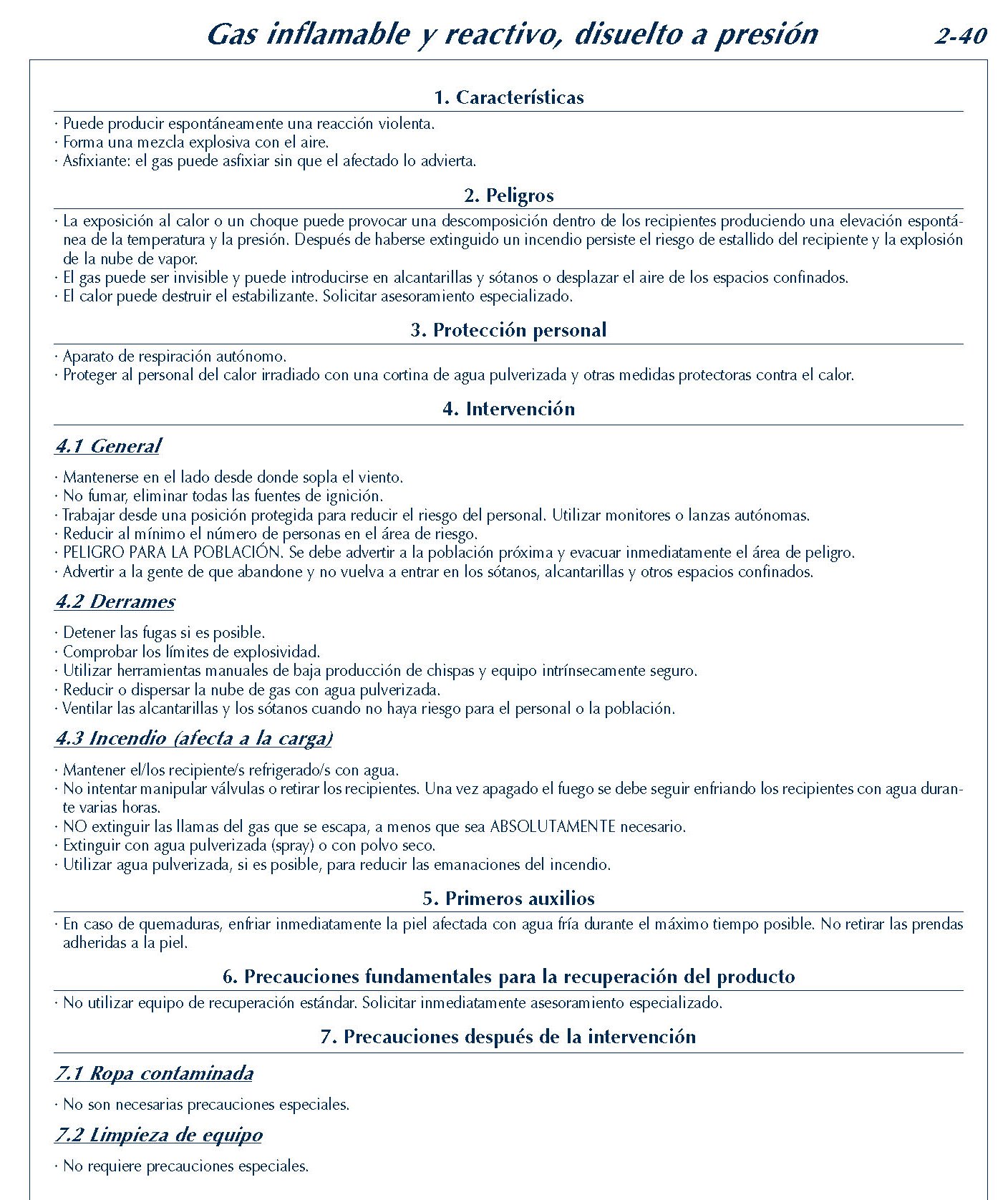 142 FICHA 2-40 GAS INFLAMABLE REACTIVO DISUELTOA PRESION FICHAS EMERGENCIA